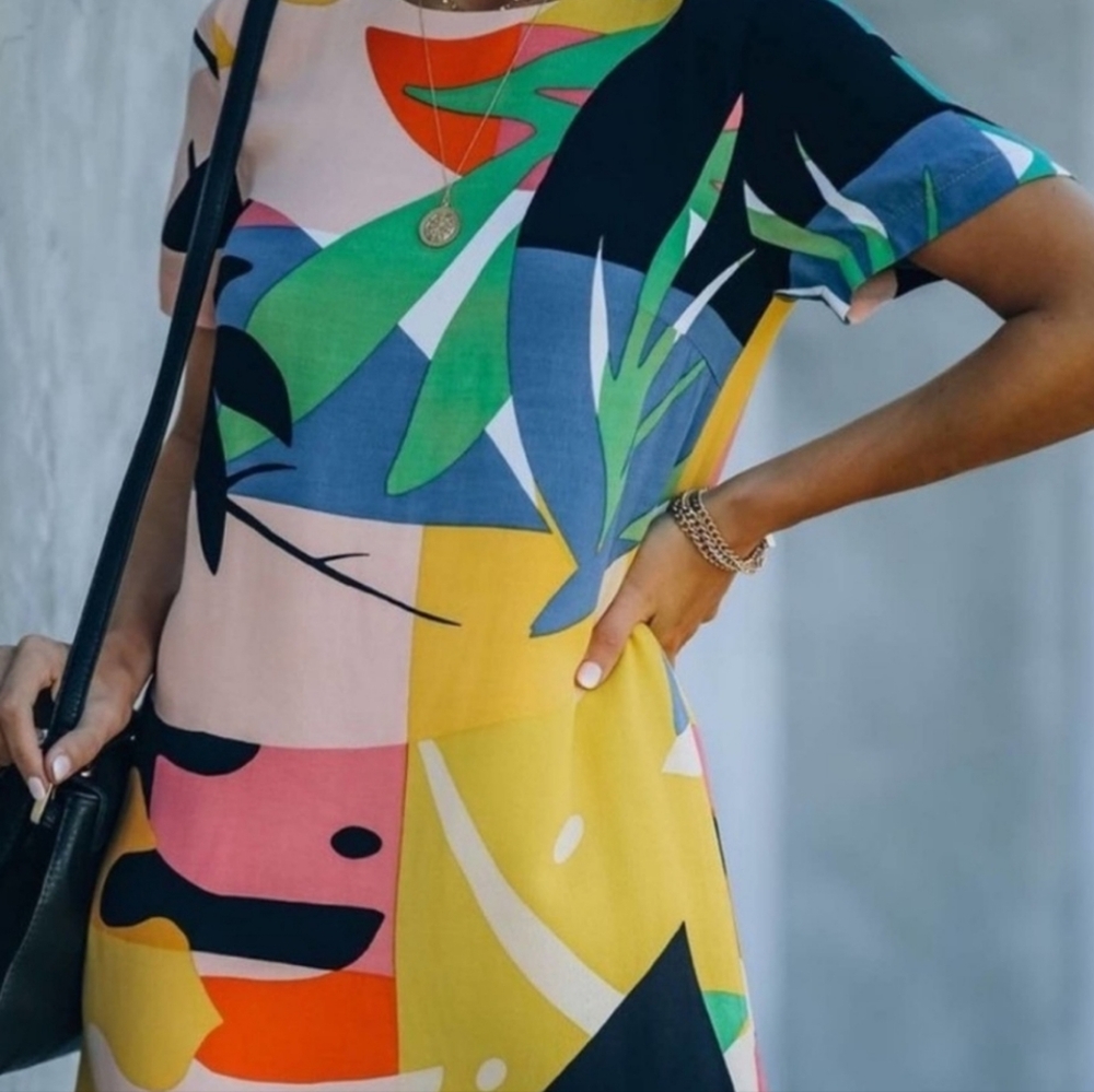 VICI Large Multicolor Tropical Print Shift Dress Short Sleeve Zipper Back